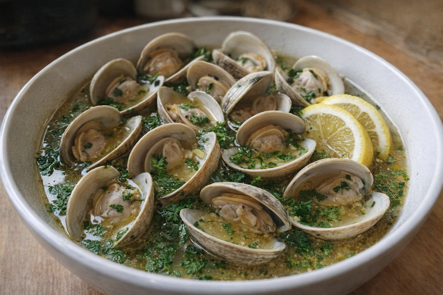 A top-down shot of a bowl of perfectly steamed clams, shells slightly open, garnished with fresh parsley and lemon wedges, bathed in a savory broth